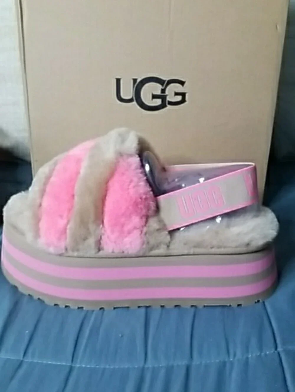 UGG Pink and Beige Fuzzy Platform Slides